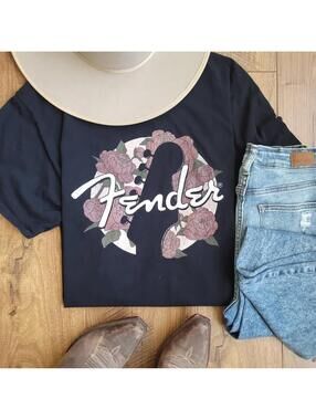 Fender Floral Graphic Tee Womens XL Black Guitar Band Shirt Oversized Fit